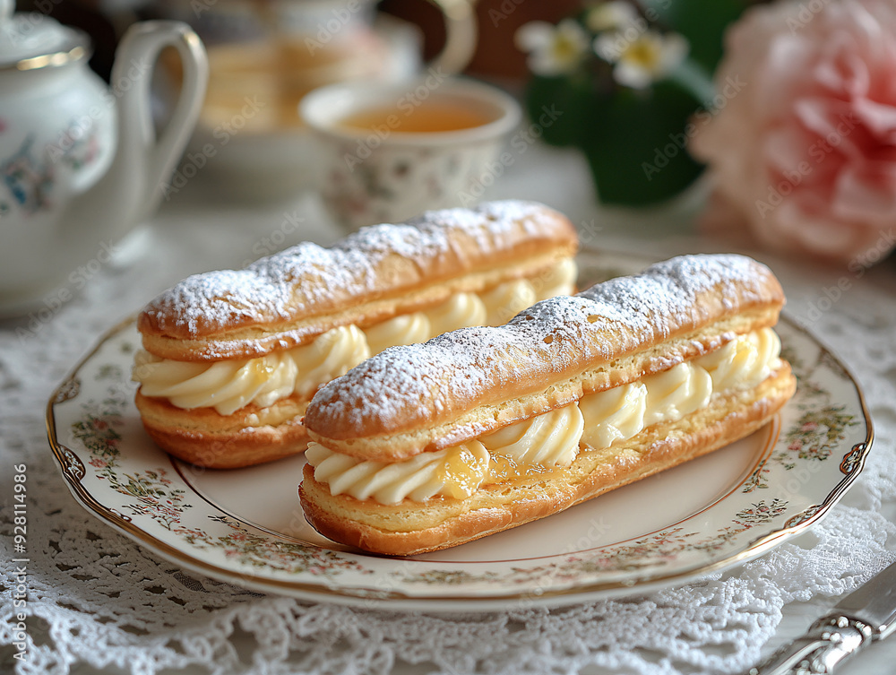 A golden teapot is on a table with a plate of pastries and a Lemon Meringue eclairs A golden teapot is on a table with a plate of pastries and a Lemon Meringue eclairs