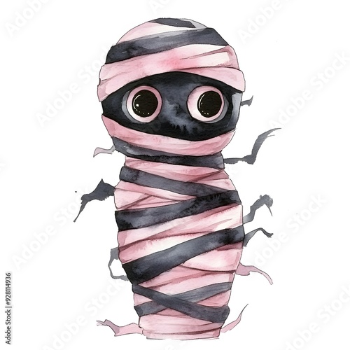 Cute Black Halloween Mummy in Pink and Black Watercolor Illustration. photo