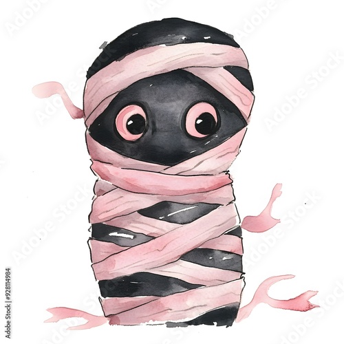 Cute Black Halloween Mummy in Pink and Black Watercolor Illustration. photo