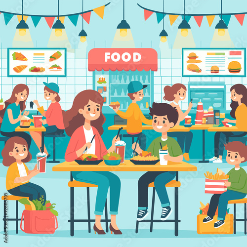 A group of people are eating at a restaurant with a food sign above them