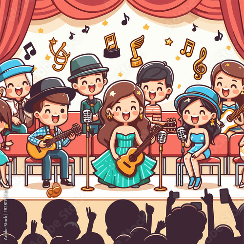 A group of children are playing music on stage