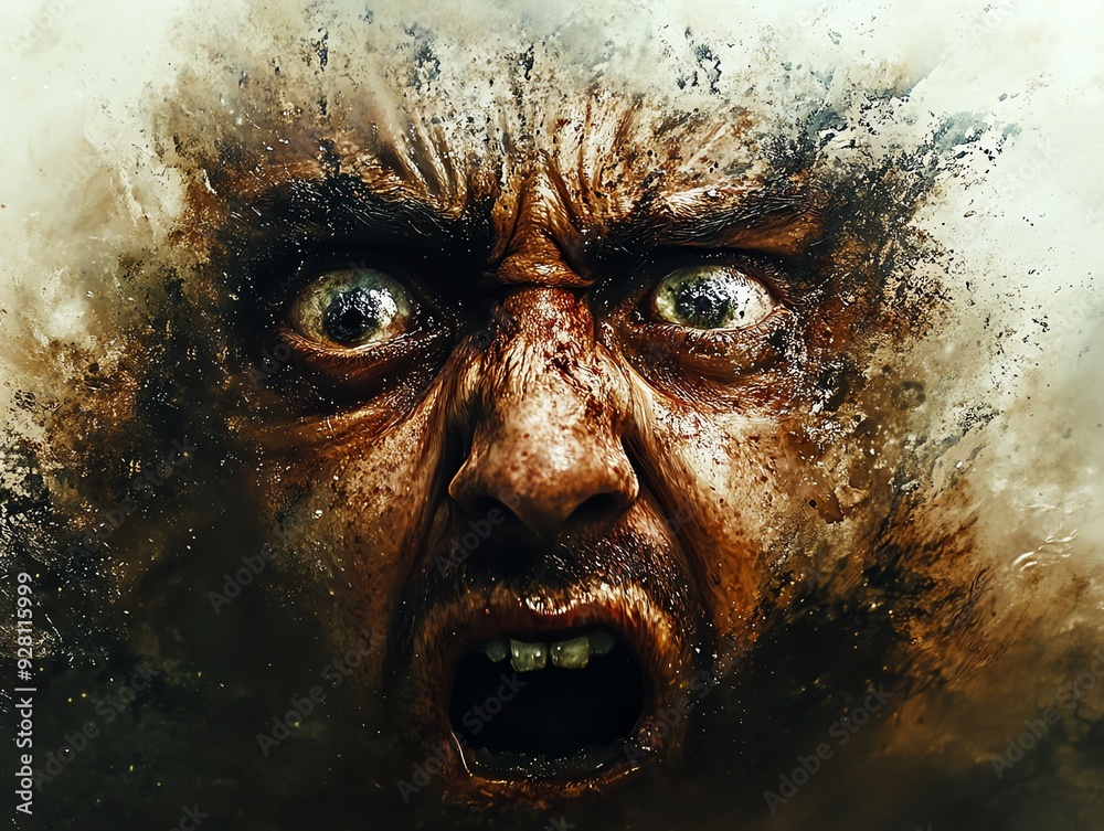 Abstract painting of a screaming face with a dark and chaotic background. Abstract painting of a screaming face with a dark and chaotic background.