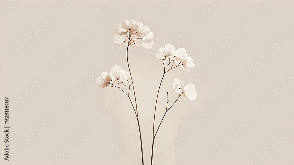 A minimalist botanical illustration showcasing a cluster of three simple flowers with thin stems and soft pastel petals, on a pale background. 8k UHD, suitable for high-quality printing or digital A minimalist botanical illustration showcasing a cluster of three simple flowers with thin stems and soft pastel petals, on a pale background. 8k UHD, suitable for high-quality printing or digital
