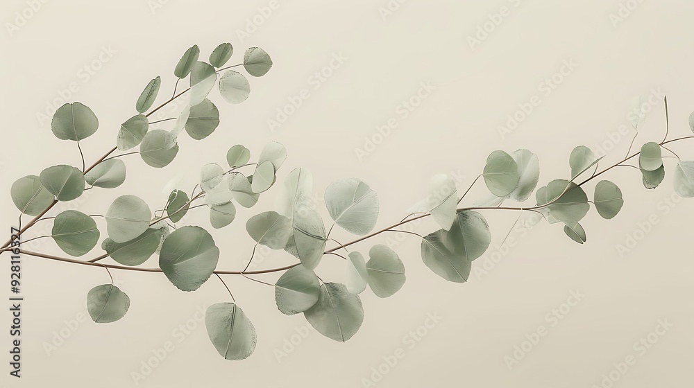 Obraz premium A simple, abstract depiction of a eucalyptus branch with round, flat leaves in muted green tones, floating on a soft beige background. 8k UHD, suitable for high-quality printing or digital display. 