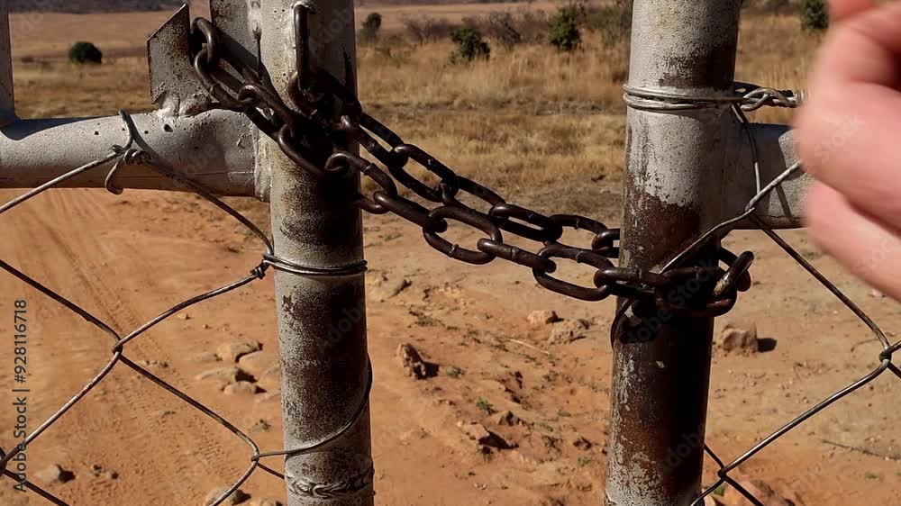 Unlocking a farm gate with a chain and padlock, highlighting rural security, safety, and protection for isolated living - Close-up Video Unlocking a farm gate with a chain and padlock, highlighting rural security, safety, and protection for isolated living - Close-up Video