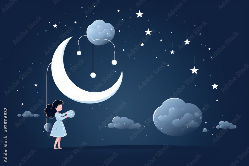 Little girl stands under a night sky filled with stars clouds, holding ...