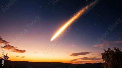 Comet streaking across the night sky, leaving a bright tail of light