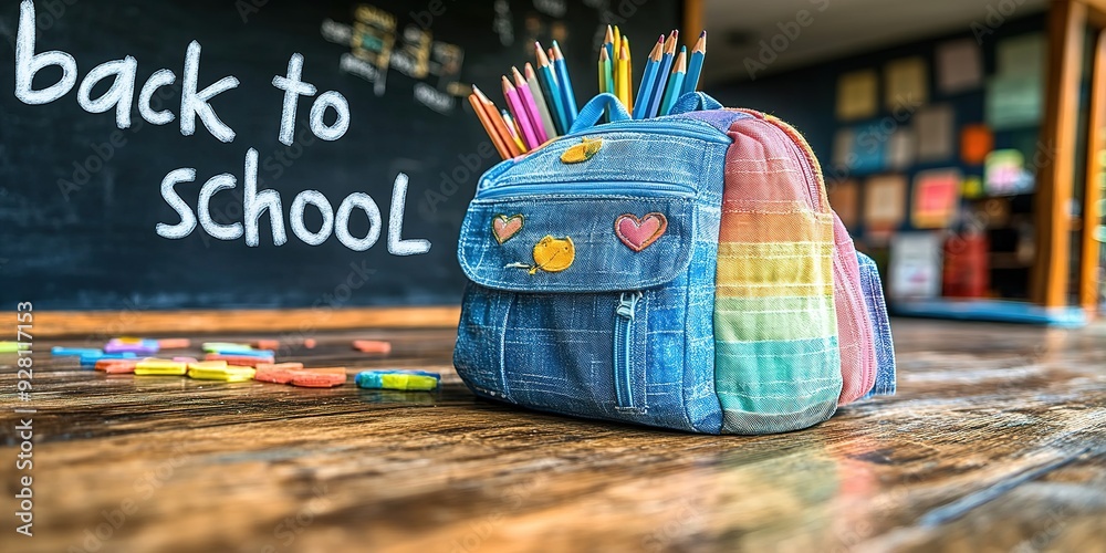 Fototapeta premium Backpack with different colorful stationery on table. Banner design