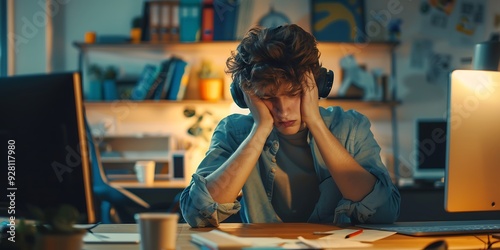 A person dealing with technical difficulties on their home office setup, looking frustrated, with kids playing noisily in the background. 