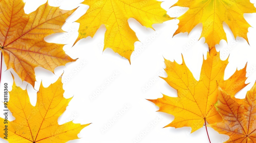 Bright yellow autumn leaves arranged on a white background, vibrant yellow hues create a cheerful lively, beauty autumn, arrangement is simple yet striking, perfect for seasonal themes. Bright yellow autumn leaves arranged on a white background, vibrant yellow hues create a cheerful lively, beauty autumn, arrangement is simple yet striking, perfect for seasonal themes.