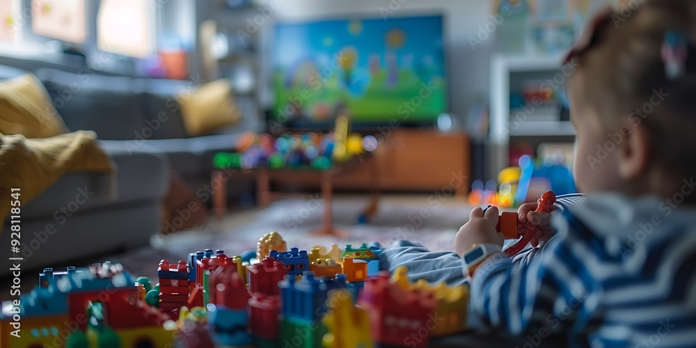 children playing in the room, A person trying to work on a presentation while their child repeatedly interrupts to show them toys, with a living room filled with toys blurred in the background. children playing in the room, A person trying to work on a presentation while their child repeatedly interrupts to show them toys, with a living room filled with toys blurred in the background.