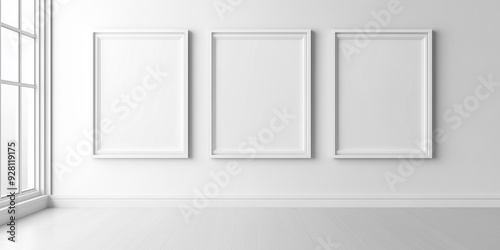 Empty white room with three frames hanging on a white wall and sunlight coming through the window