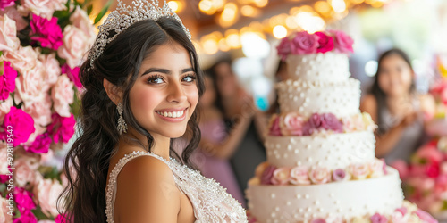 Beautiful latin girl smiling and posing at her quinceanera party with birthday cake photo