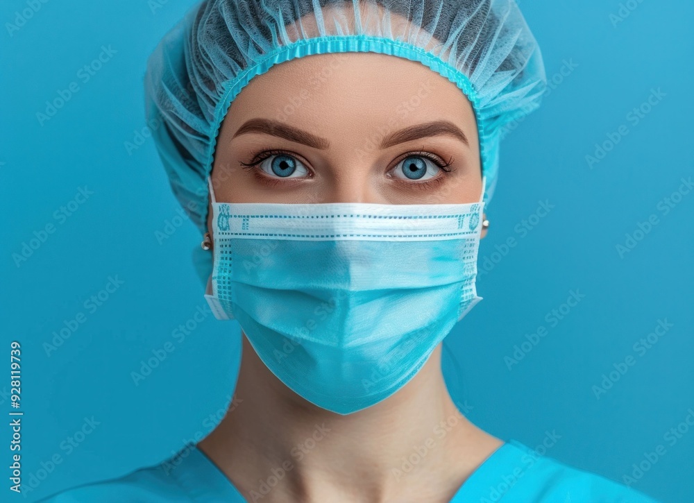 Medical professional wearing surgical mask and cap looking at camera on blue background