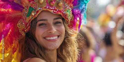 Young woman wearing colorful feather headdress smiling at carnival celebration