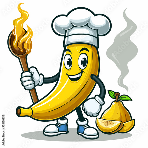 A cartoon banana chef holding a spoon and a knife