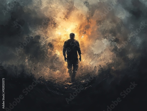 Design a digital illustration portraying a wounded warrior standing tall amidst a battlefield, grimacing in acute pain Symbolize the hurt with dynamic lighting and intense shadows photo
