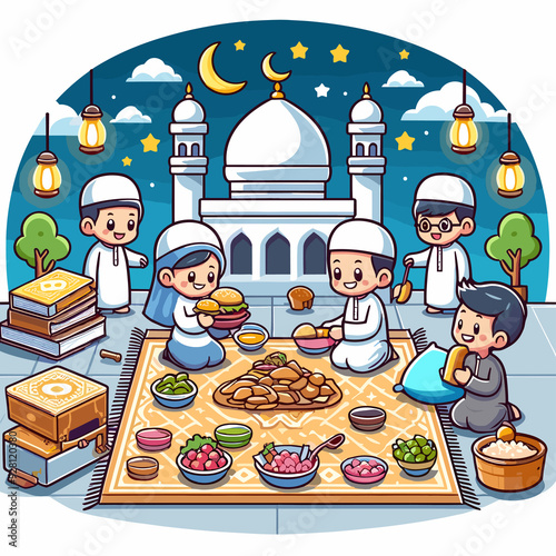 A group of children are sitting around a table with food