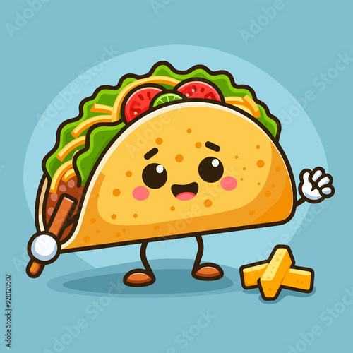 A cartoon taco is holding a french fry in its hand