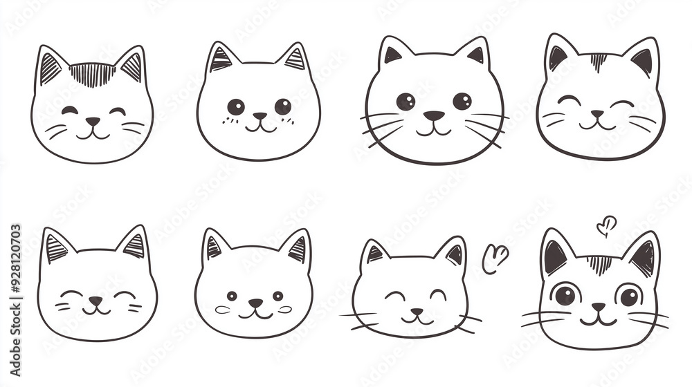 Eight cute hand drawn cats smiling with closed eyes Eight cute hand drawn cats smiling with closed eyes