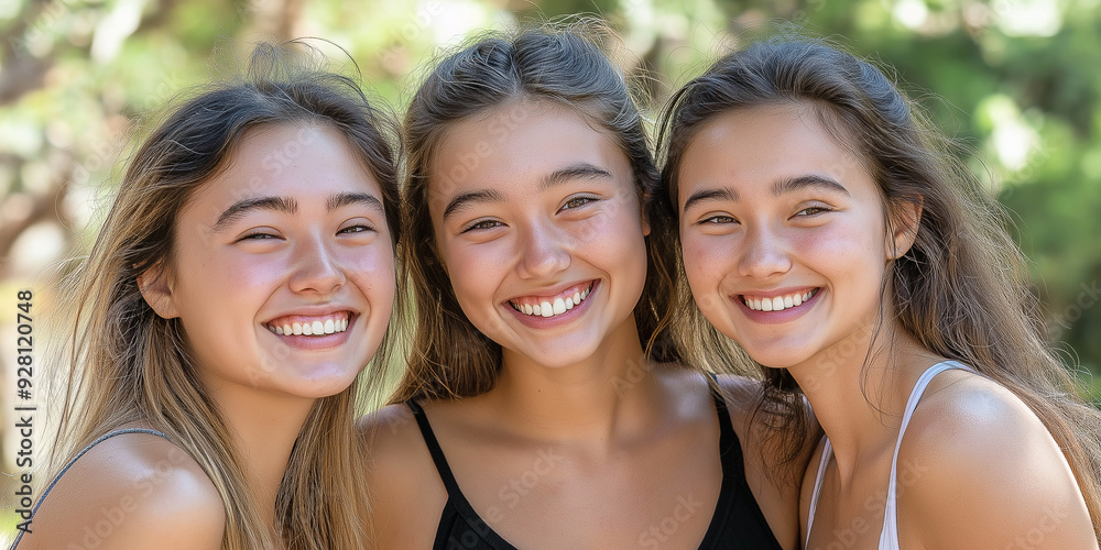 Three young women smiling together outdoors Three young women smiling together outdoors