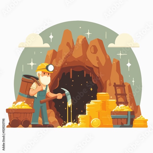 A man is digging in a cave with a large pile of gold coins