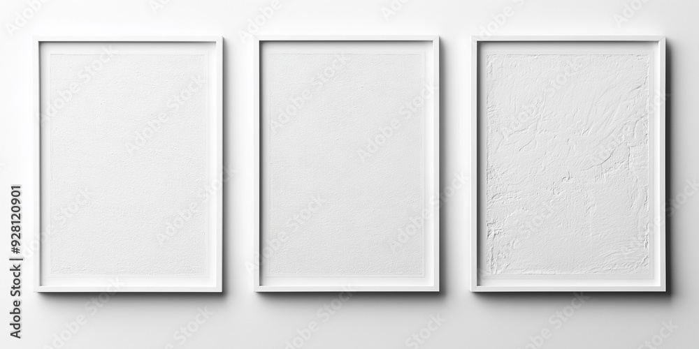 Three white frames hanging on white wall displaying artworks Three white frames hanging on white wall displaying artworks