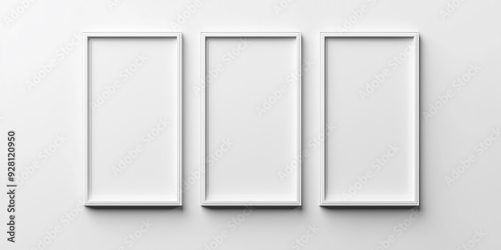 Three vertical white blank frames hanging on white wall Three vertical white blank frames hanging on white wall