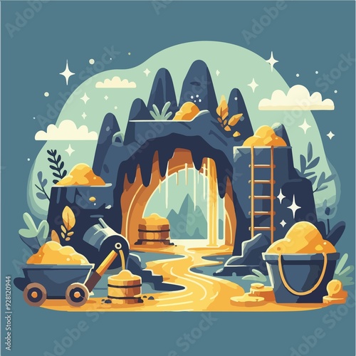 A cartoonish drawing of a cave with a ladder leading down into it