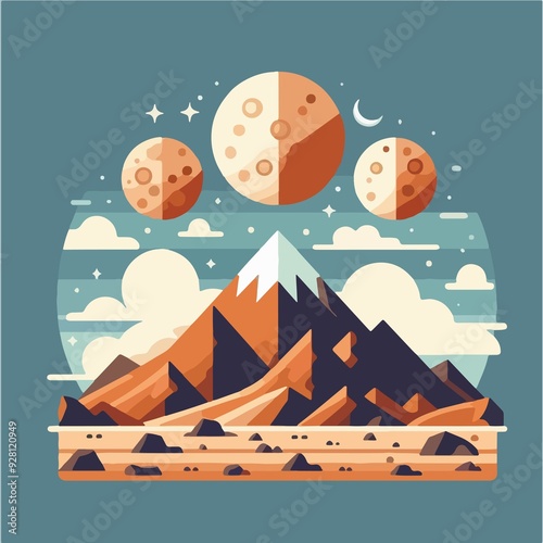 A mountain range with three large, orange, round, rocky planets in the sky