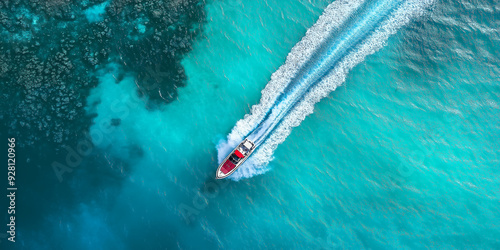 Luxury motorboat speeding on turquoise water leaving white trail photo