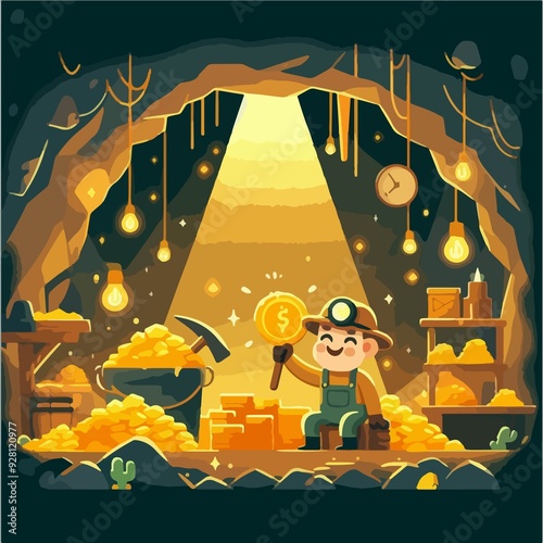 A man is holding a gold coin in a cave