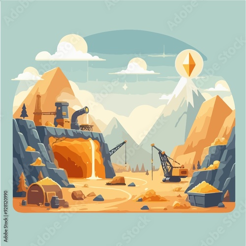A cartoonish drawing of a mountain range with a large gold mine in the middle