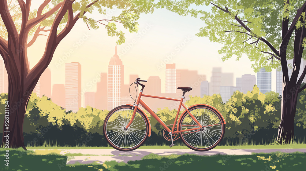 Fototapeta premium Orange bicycle leaning against path in lush green city park at sunset
