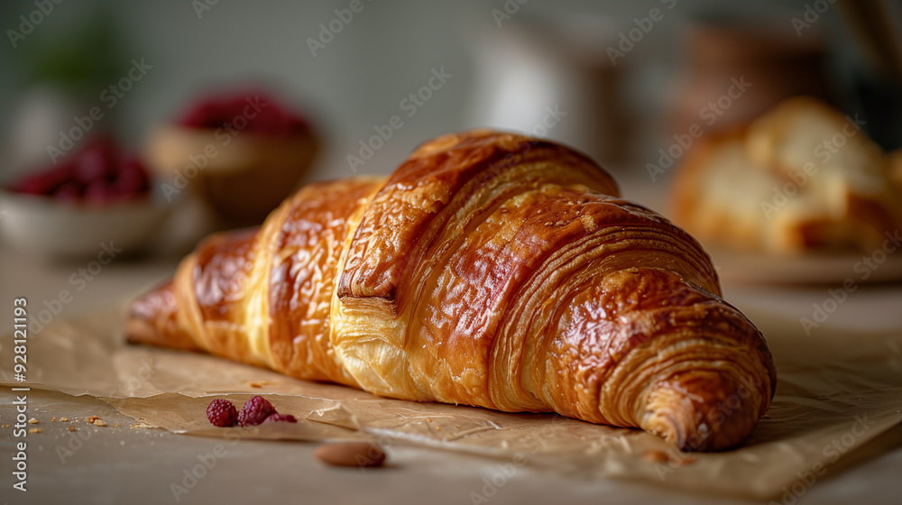 Golden-brown croissant on parchment paper with raspberries, showcasing French pastry perfection. Concept of gourmet breakfast and culinary artistry. Golden-brown croissant on parchment paper with raspberries, showcasing French pastry perfection. Concept of gourmet breakfast and culinary artistry.