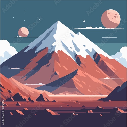 A mountain with two planets in the sky