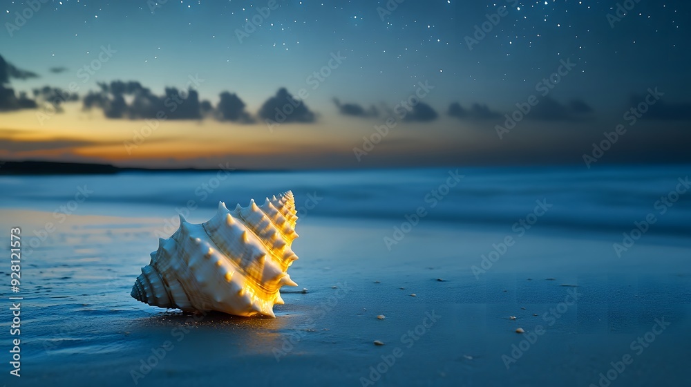Conch Shell on a Starry Beach with Calm Waves Conch Shell on a Starry Beach with Calm Waves