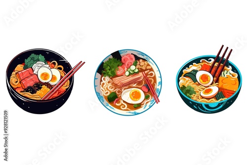 Three bowls of different types of noodles with chopsticks