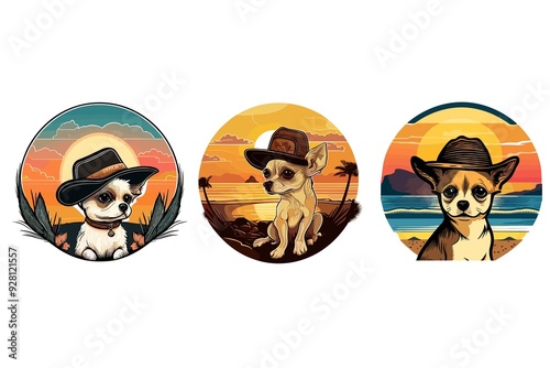 Three dogs wearing cowboy hats and sitting on a beach