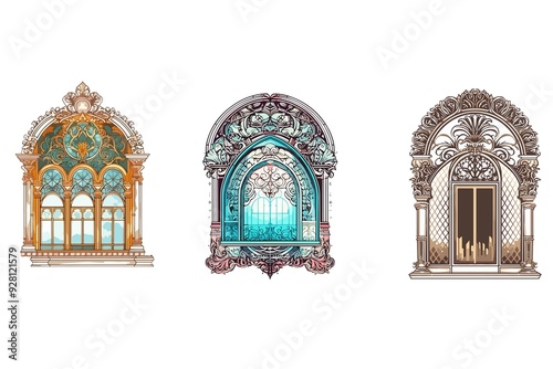 Three windows with different designs and colors