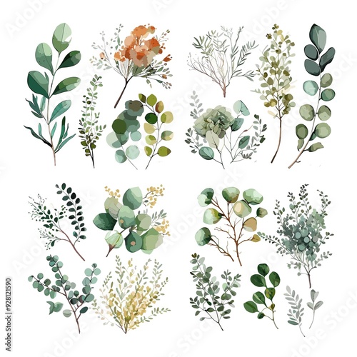A set of six different types of leaves, including eucalyptus