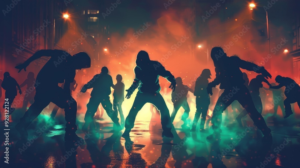 A group of shadowy figures in a dynamic urban setting, creating an eerie atmosphere with colorful lights and mist. A group of shadowy figures in a dynamic urban setting, creating an eerie atmosphere with colorful lights and mist.