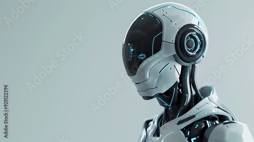 Close-up of a futuristic robot head with a glowing visor.