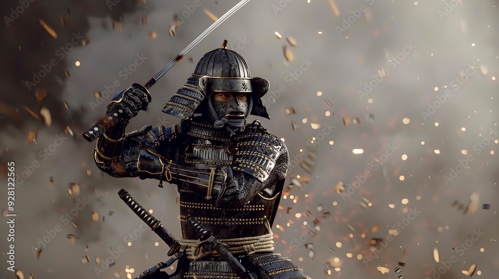A samurai warrior in full armor with a katana sword stands in front of ...