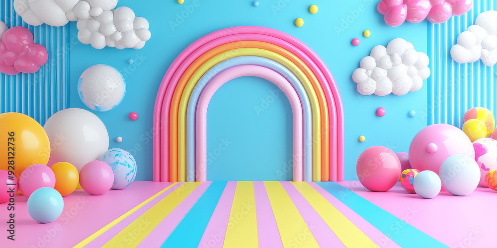 3D background with an arch, a striped floor, and colorful balls on the sides, generative AI 3D background with an arch, a striped floor, and colorful balls on the sides, generative AI
