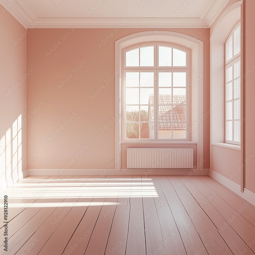 A clean, empty room with soft pastel pink walls, a large window letting in natural light A clean, empty room with soft pastel pink walls, a large window letting in natural light