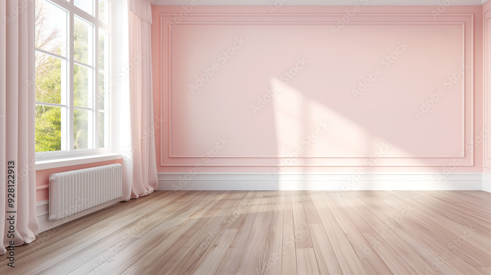 Fototapeta premium A clean, empty room with soft pastel pink walls, a large window letting in natural light