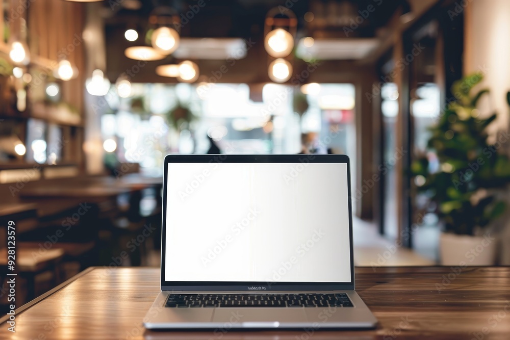 Open Laptop on a Wooden Table in a Coffee Shop Open Laptop on a Wooden Table in a Coffee Shop