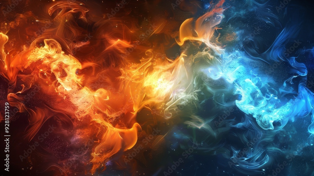 A stunning abstract artwork depicting a cosmic clash of fiery orange and tranquil blue wisps of smoke elegantly blending. A stunning abstract artwork depicting a cosmic clash of fiery orange and tranquil blue wisps of smoke elegantly blending.
