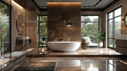 Luxurious bathroom interior, sophisticated decoration, vibrant tile work, elegant design, premium furnishings, spalike arrangement, soft ambient light